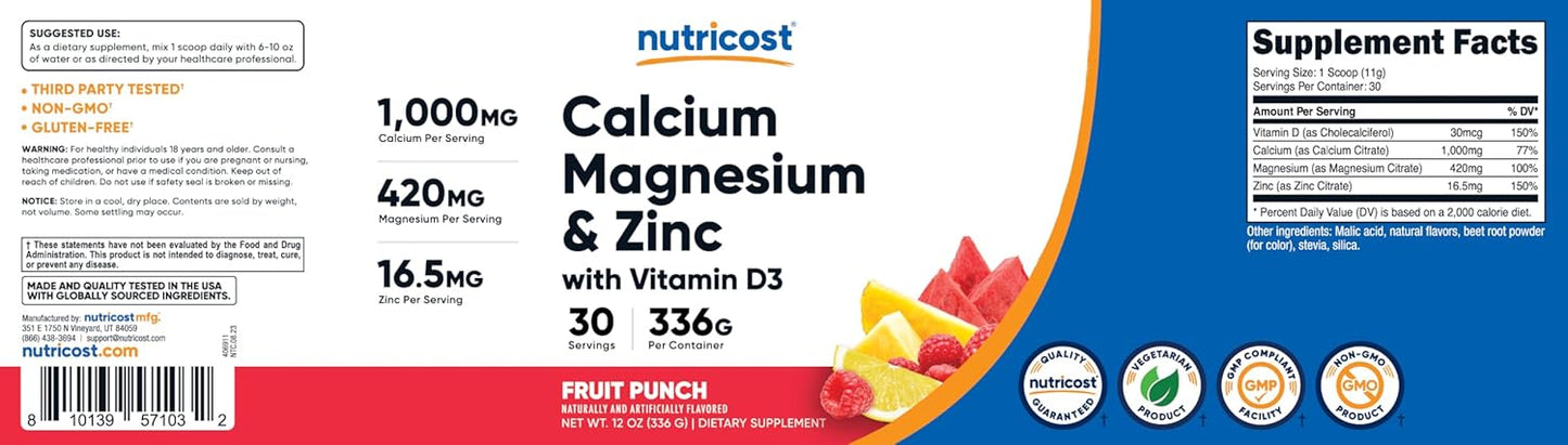 Nutricost Fruit Punch Calcium Magnesium Zinc Vitamin D3 Powder - 30 Servings - Gluten-Free, Non-GMO - 1000 MG Calcium, 420 MG Magnesium, 16.5 MG Zinc, 30 MCG Vitamin D3