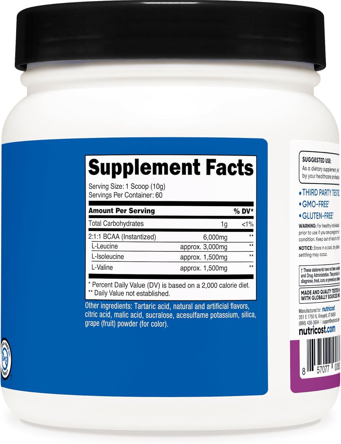Nutricost Grape BCAA Powder - 60 Servings, Vegetarian, Non-GMO, Gluten Free, 2:1:1 Ratio - BoostGo Australia