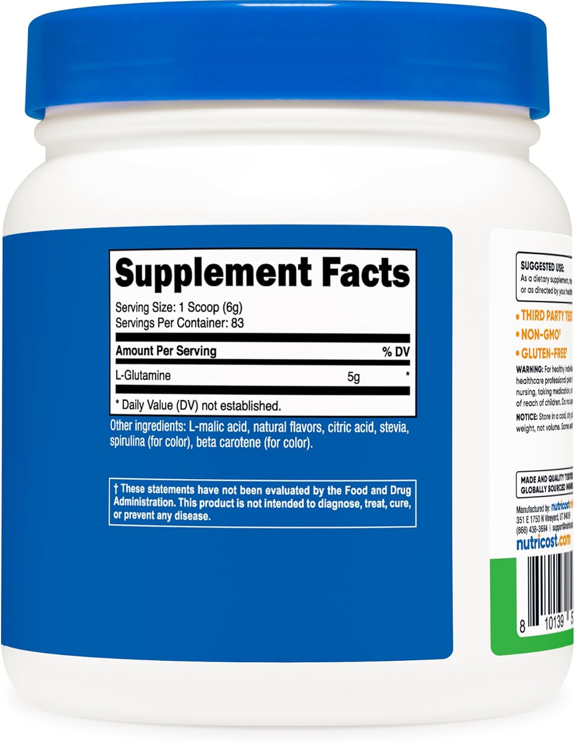 Nutricost Green Apple L-Glutamine Powder - 500g Gut Support Supplement, 5g per Serving, Sweetened with Stevia - Gluten Free, Non GMO