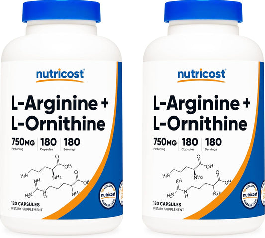 Nutricost L-Arginine L-Ornithine Supplement - 750mg, 180 Capsules x 2 Bottles for Muscle Support