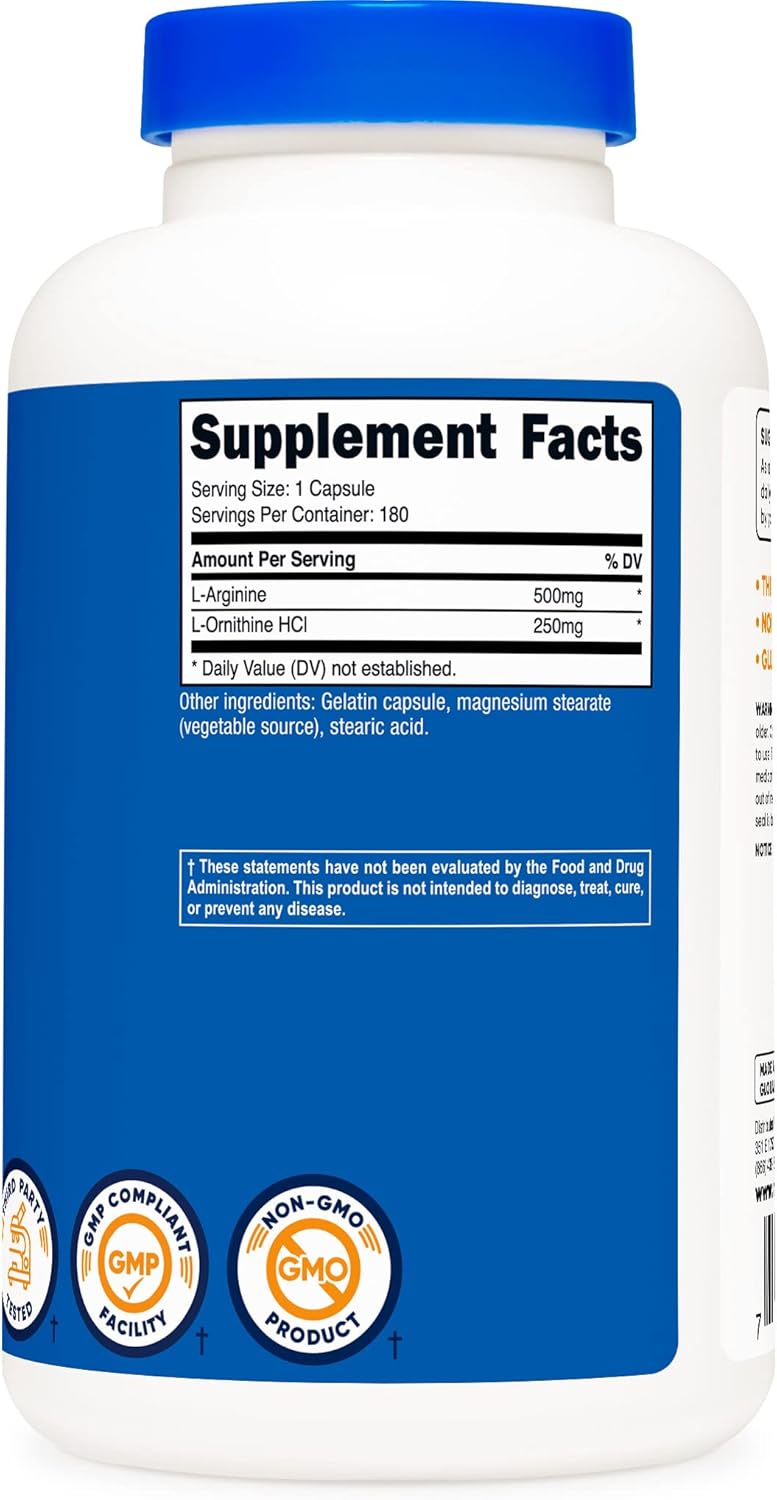 Nutricost L-Arginine L-Ornithine Supplement - 750mg, 180 Capsules x 2 Bottles for Muscle Support