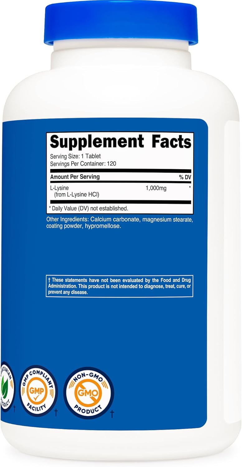 Nutricost L-Lysine 1000mg Tablets - Gluten Free, Non-GMO, Vegetarian-Friendly - 120 Count