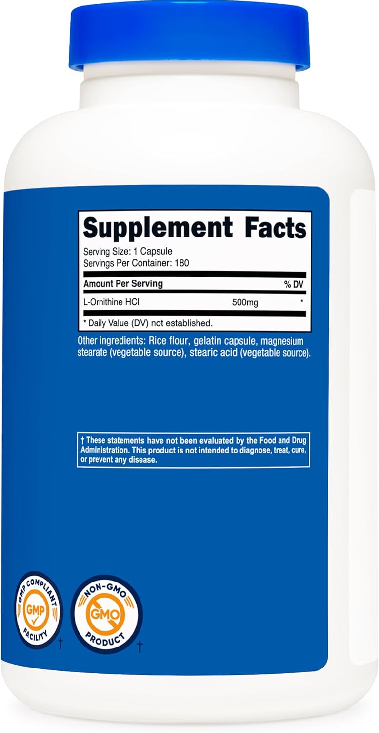 Nutricost L-Ornithine 500mg Capsules - 180 Count, Non-GMO, Gluten-Free