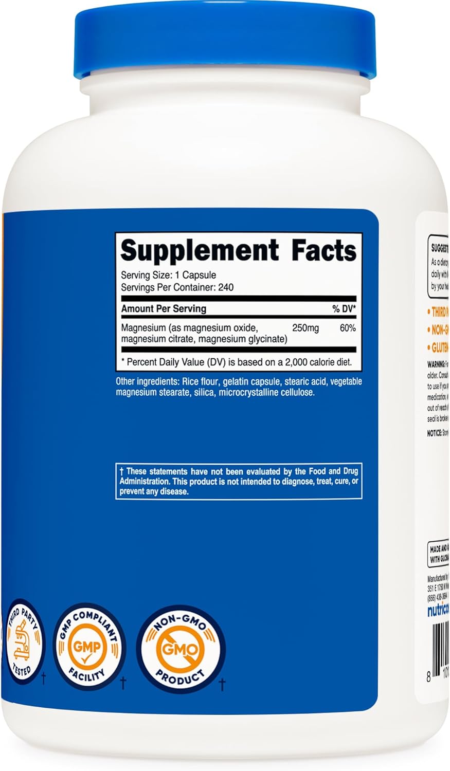 Nutricost Magnesium Complex 250mg - 240 Capsules with Oxide, Citrate, and Glycinate - Gluten Free & Non-GMO - High-Quality Magnesium Supplement