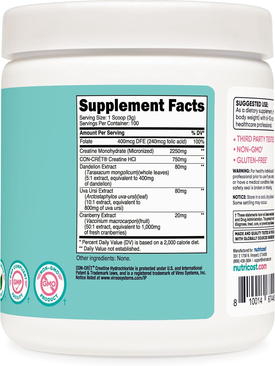 Nutricost Micronized Creatine Monohydrate Powder for Women - Unflavored, 100 Servings, Vegetarian, Non-GMO, Gluten Free