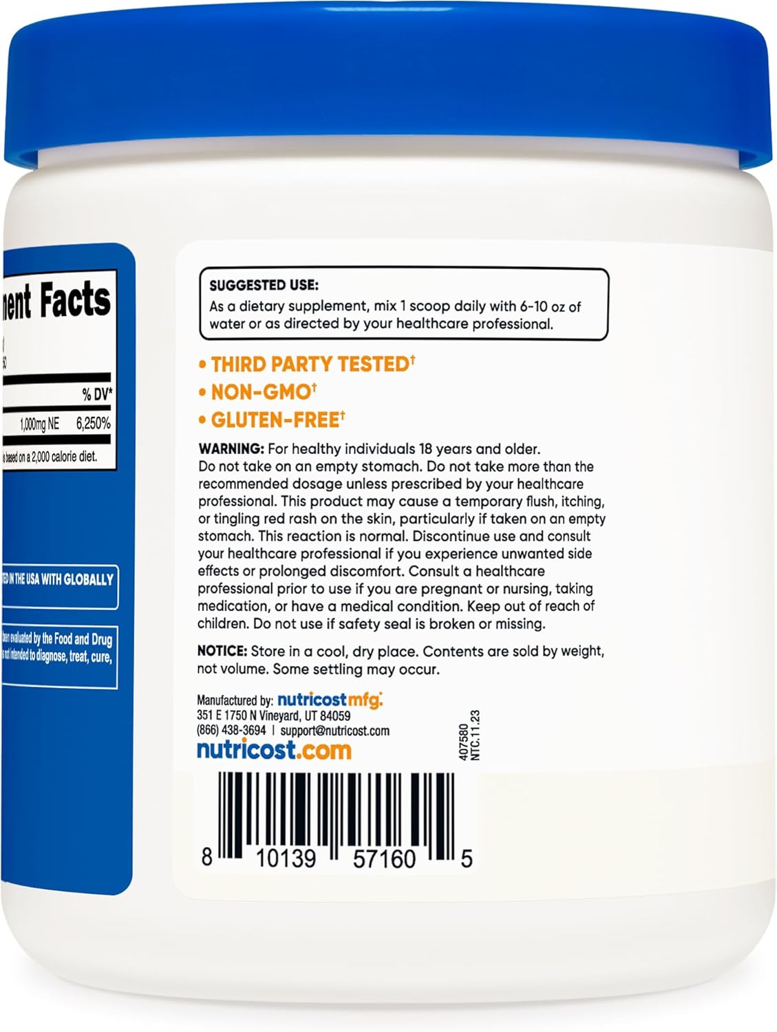 Nutricost Niacin Vitamin B3 Powder 250g - High-Quality Niacin Powder with 1g Per Serving - Flush-Free Formula