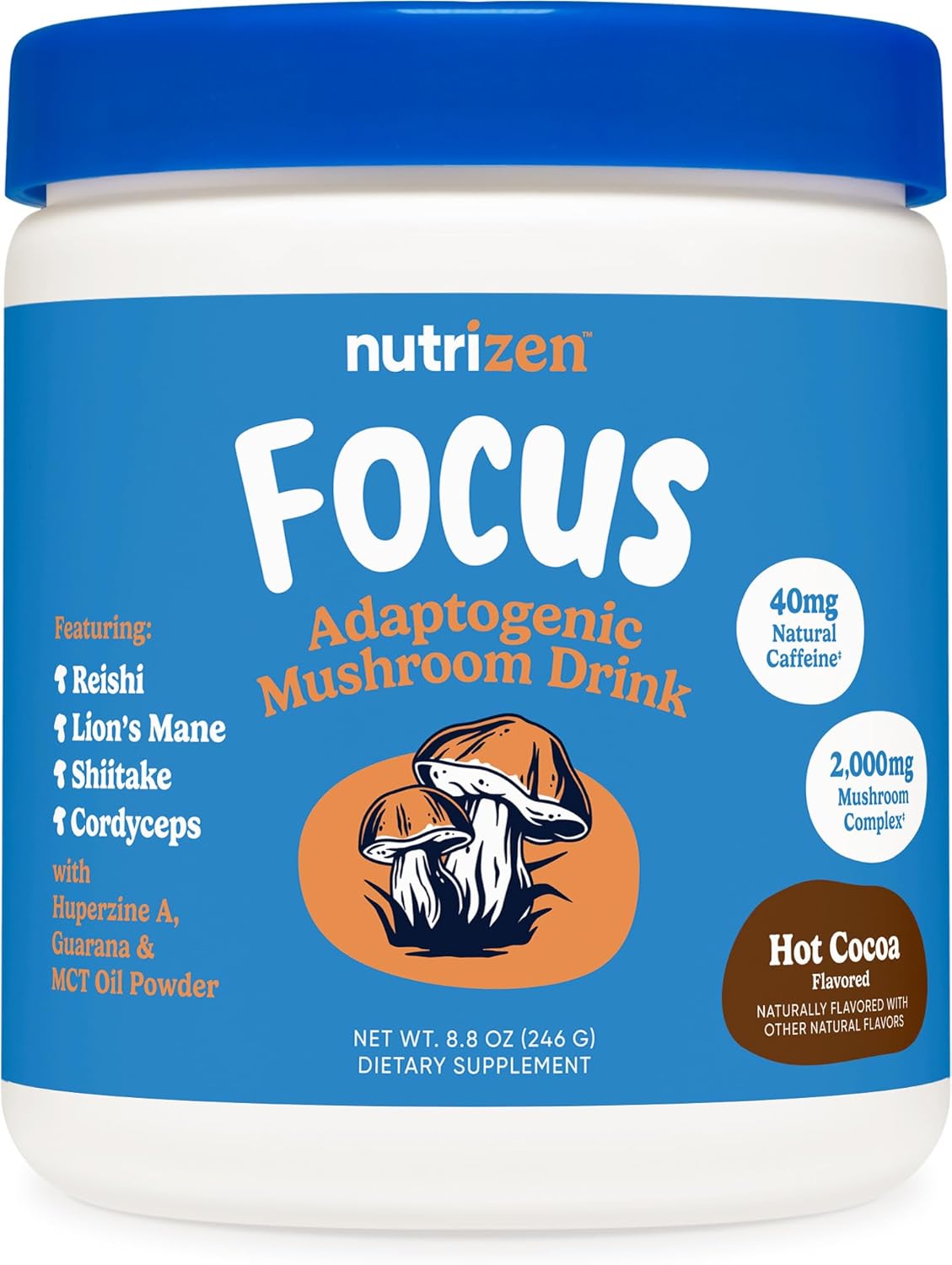 Nutricost Nutrizen AM Focus Adaptogenic Mushroom Drink - Hot Cocoa Flavored, 30 Servings with Reishi, Lion's Mane, Shiitake, Cordyceps
