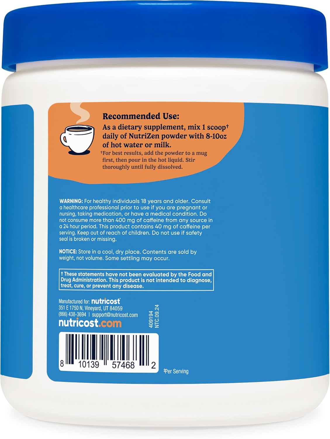 Nutricost Nutrizen AM Focus Adaptogenic Mushroom Drink - Hot Cocoa Flavored, 30 Servings with Reishi, Lion's Mane, Shiitake, Cordyceps