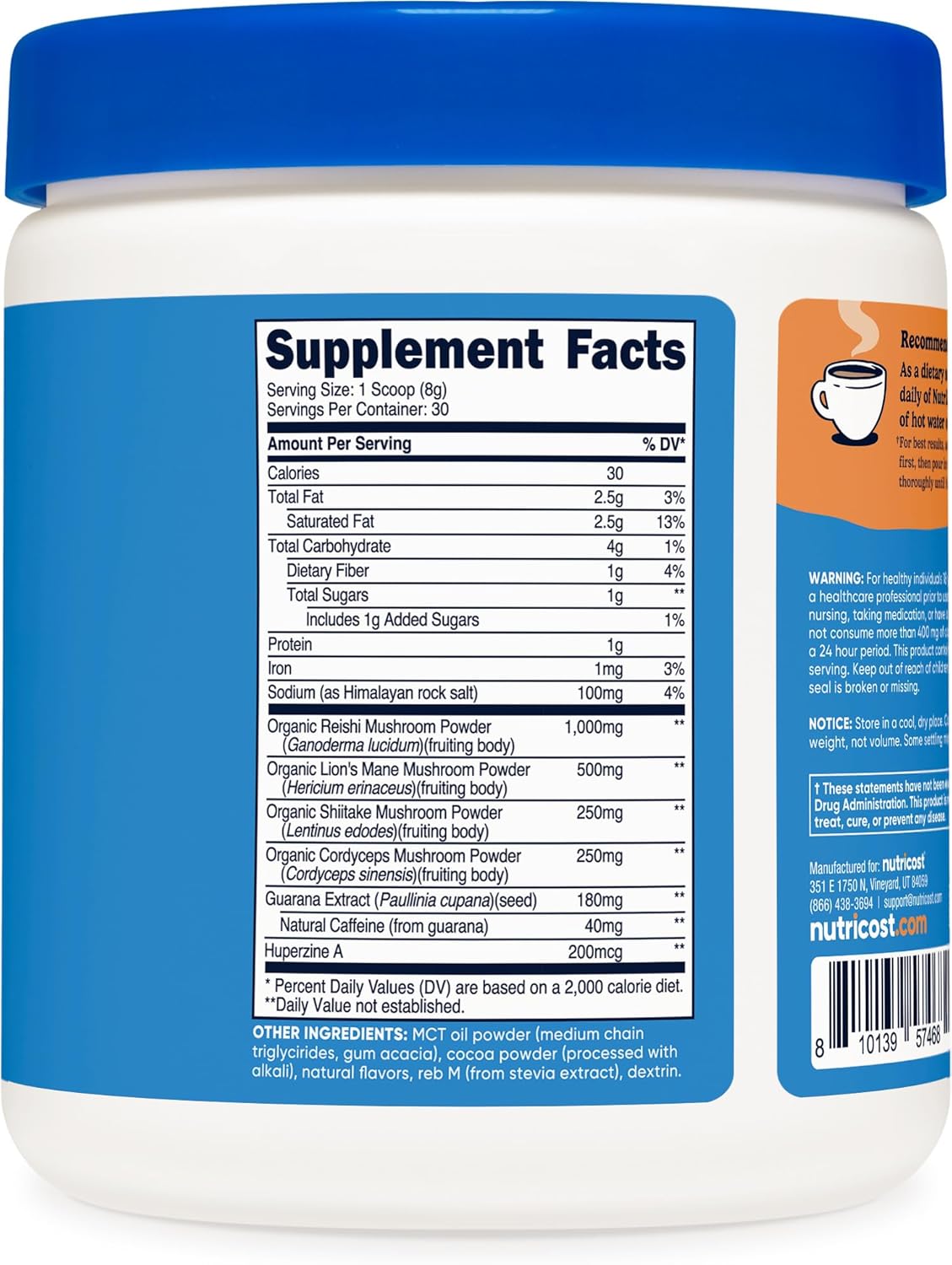 Nutricost Nutrizen AM Focus Adaptogenic Mushroom Drink - Hot Cocoa Flavored, 30 Servings with Reishi, Lion's Mane, Shiitake, Cordyceps