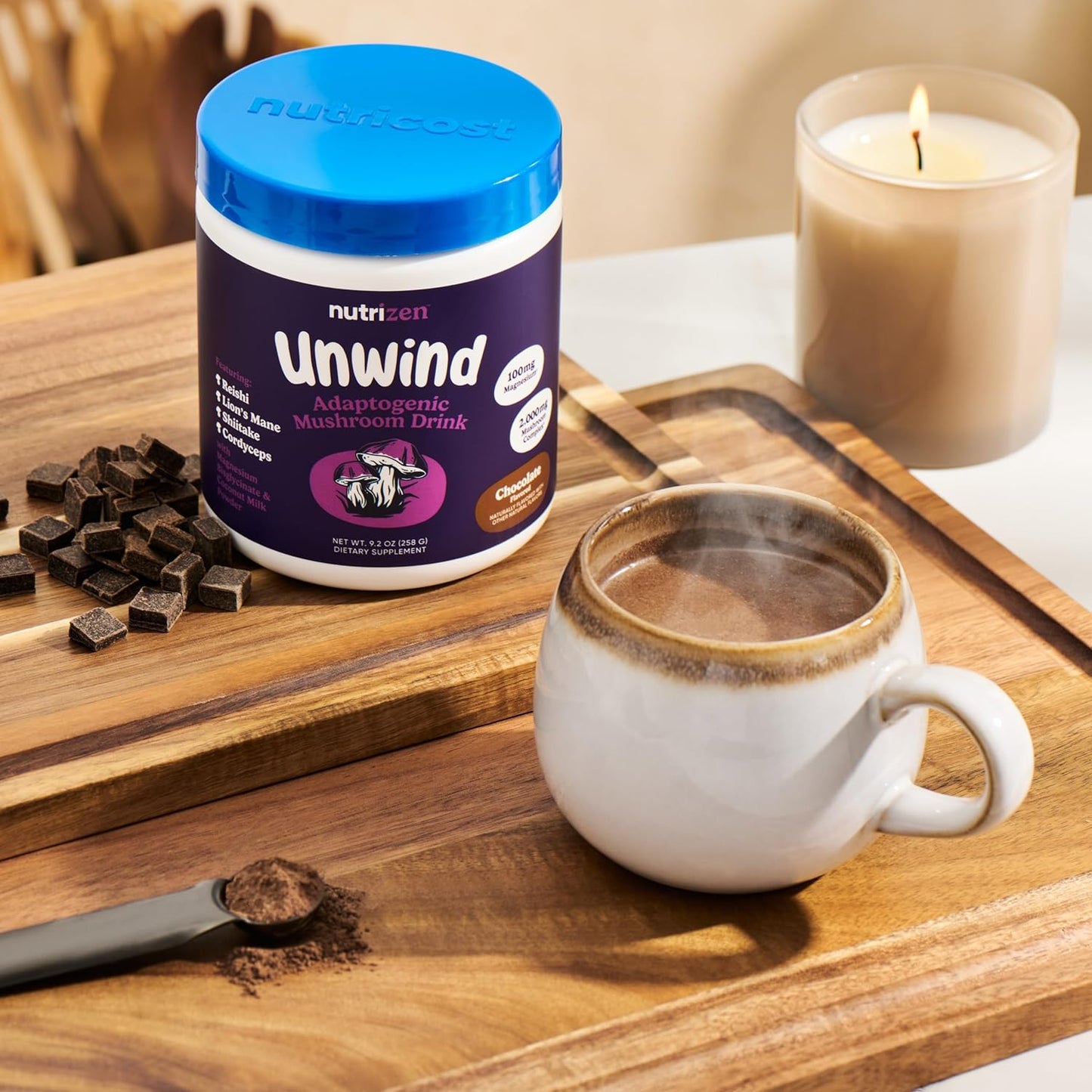 Nutricost Nutrizen PM Chocolate Adaptogenic Mushroom Drink - 30 Servings with Reishi, Lion's Mane, Shiitake, Cordyceps