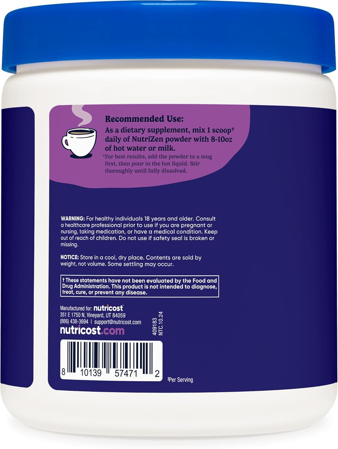 Nutricost Nutrizen PM Chocolate Adaptogenic Mushroom Drink - 30 Servings with Reishi, Lion's Mane, Shiitake, Cordyceps