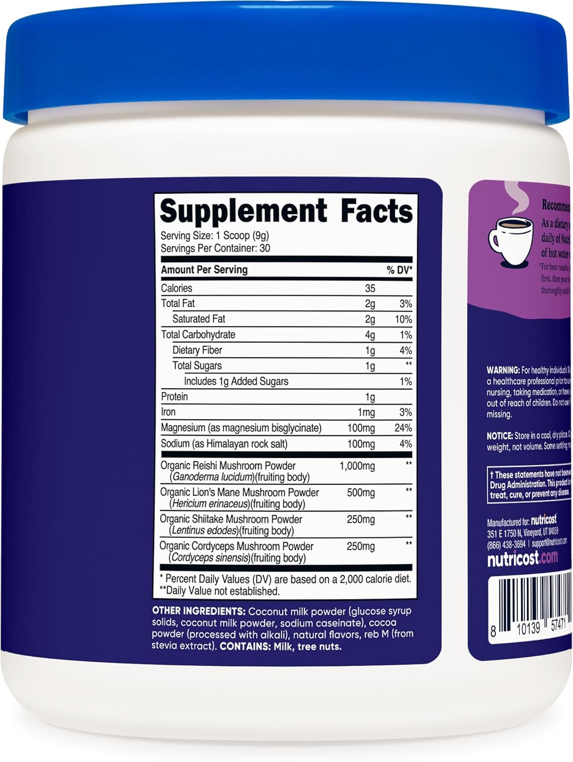 Nutricost Nutrizen PM Chocolate Adaptogenic Mushroom Drink - 30 Servings with Reishi, Lion's Mane, Shiitake, Cordyceps