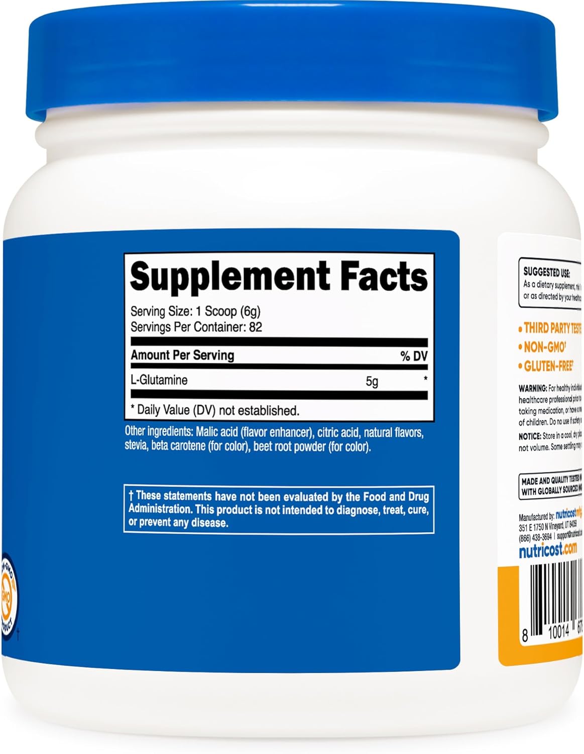 Nutricost Peach Mango L-Glutamine Powder (500g) - Gut Support Supplement with Stevia - 5g L-Glutamine per Serving - Gluten Free, Non-GMO