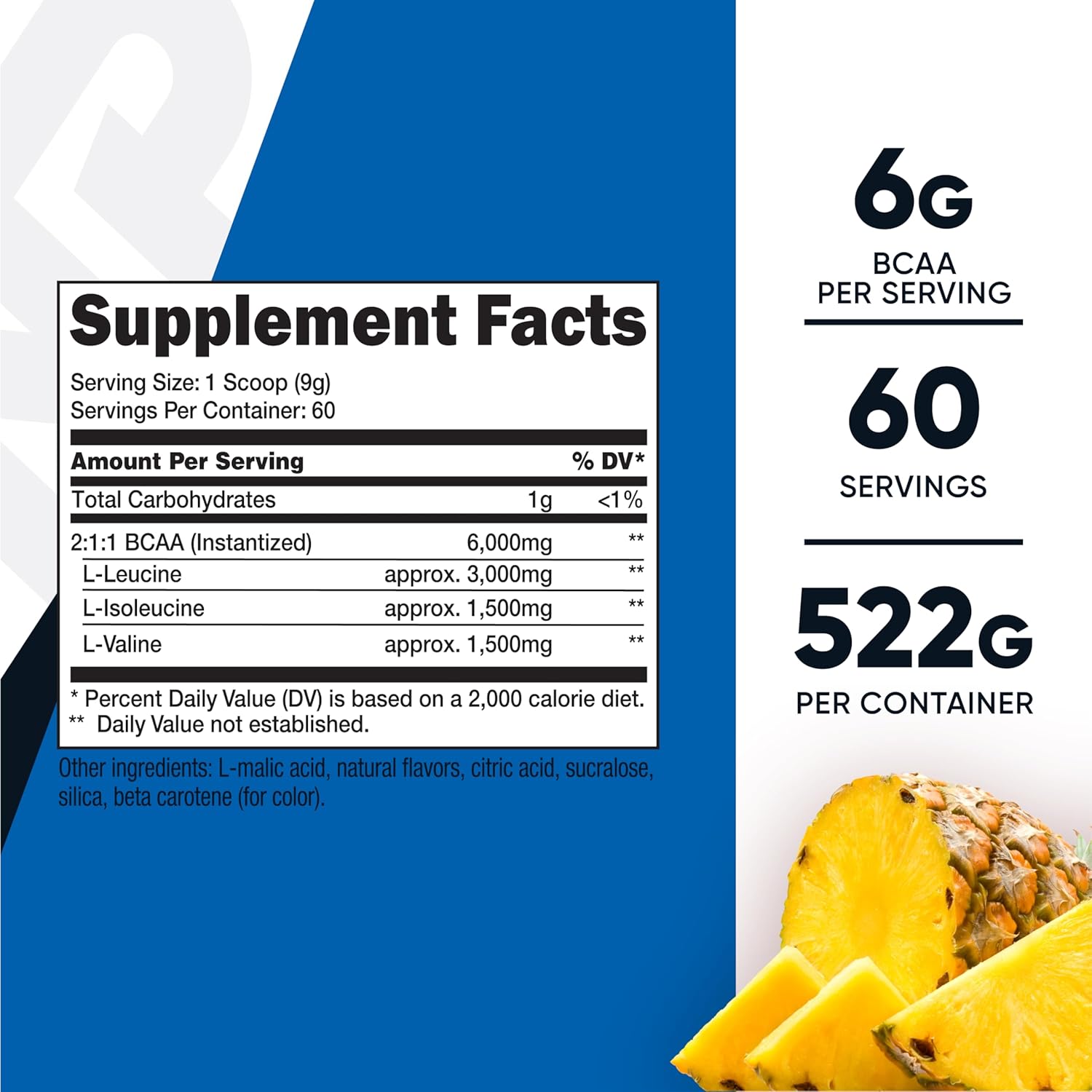 Nutricost Pineapple BCAA Powder - 60 Servings, Ideal 2:1:1 Ratio