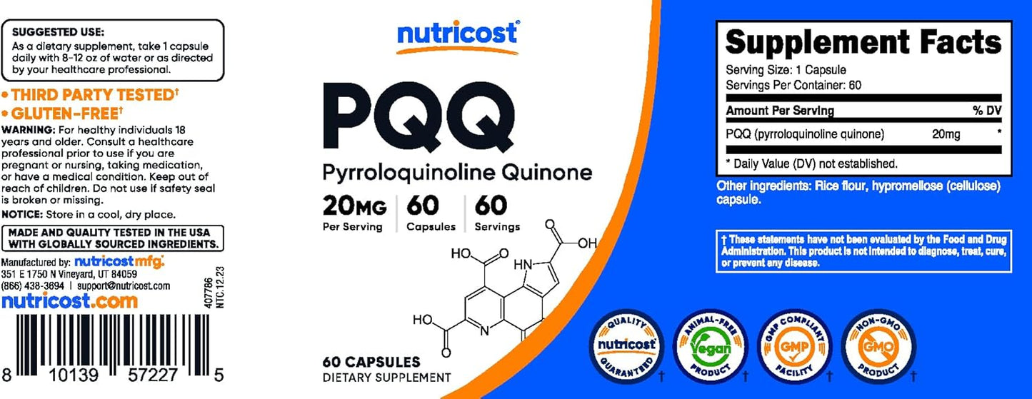Nutricost PQQ (Pyrroloquinoline Quinone) 20mg - 60 Vegetarian Capsules, Non-GMO & Gluten Free