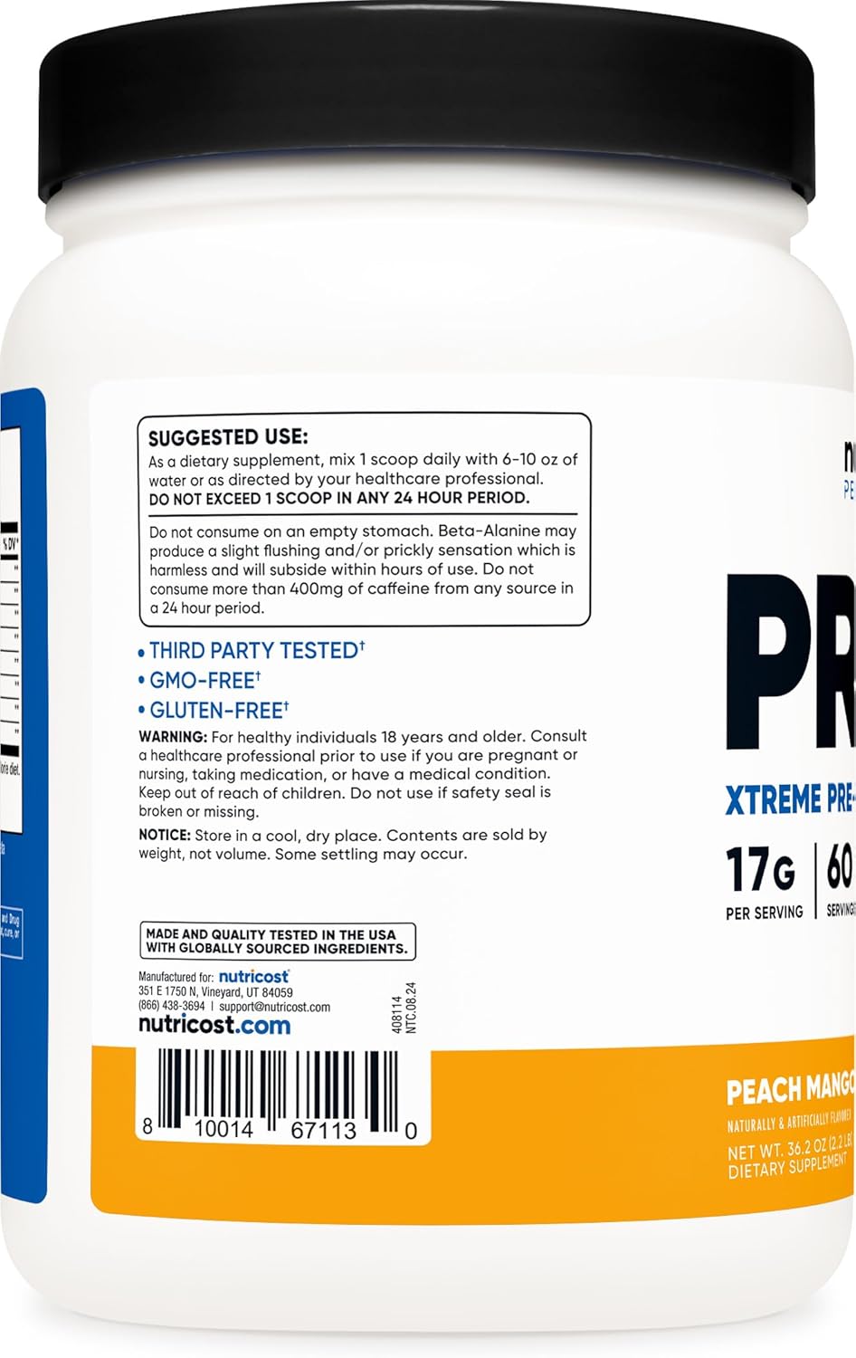 Nutricost Pre-X Xtreme Peach Mango PreWorkout Powder - 60 Servings, Vegetarian, Non-GMO & Gluten Free - BoostGo Australia
