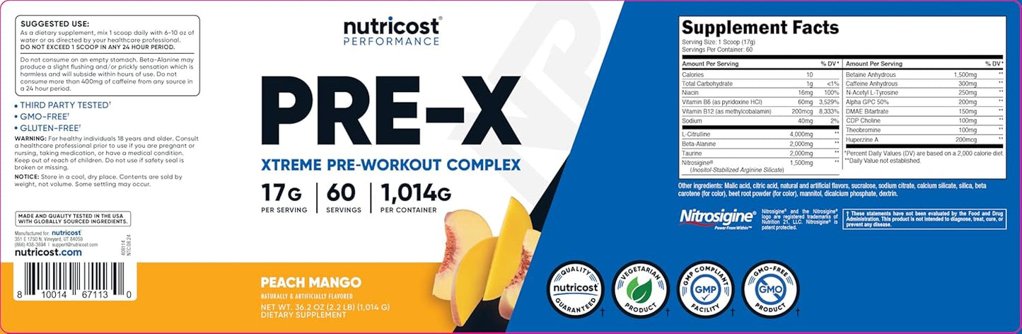 Nutricost Pre-X Xtreme Peach Mango PreWorkout Powder - 60 Servings, Vegetarian, Non-GMO & Gluten Free - BoostGo Australia