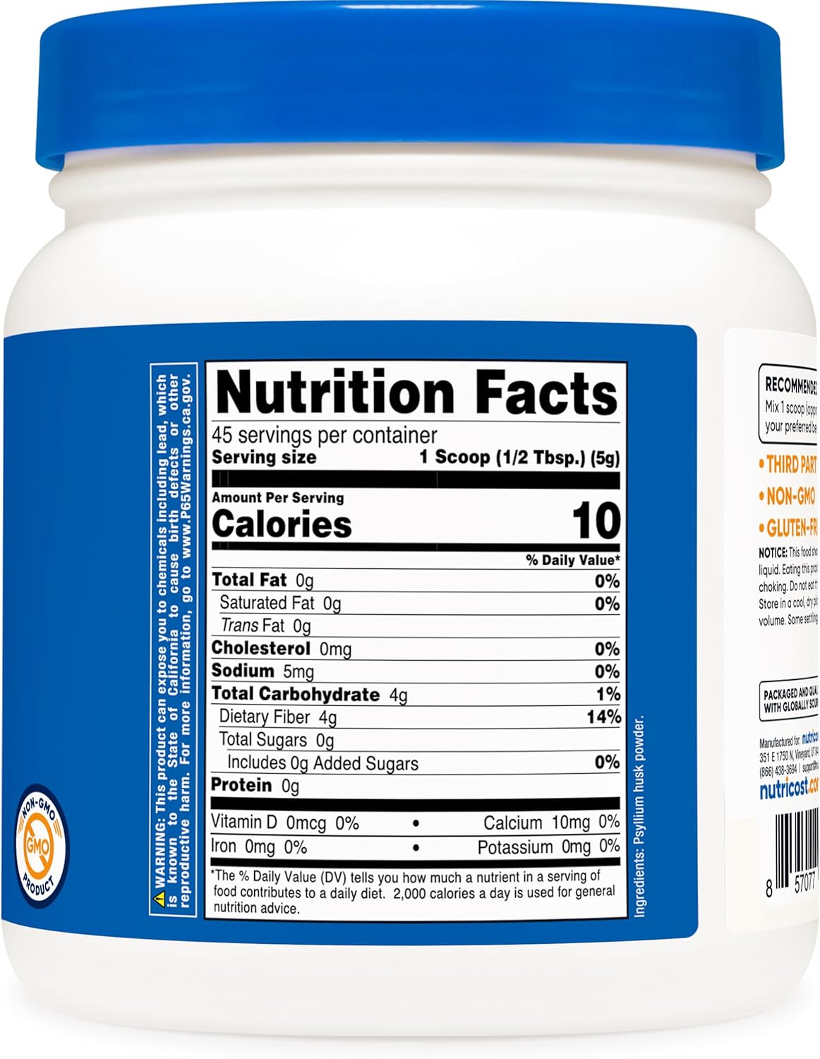 Nutricost Psyllium Whole Husk Powder Flakes - 8.1oz Gluten Free Non-GMO Supplement