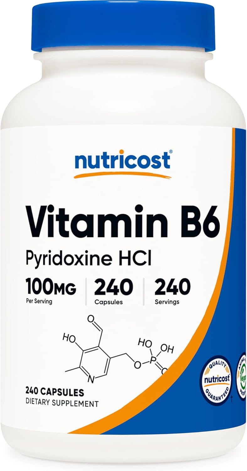 Nutricost Pyridoxine HCl Vitamin B6 100mg, 240 Capsules (2 Bottles) - High-Quality Supplement - BoostGo Australia