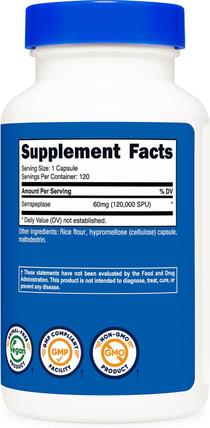 Nutricost Serrapeptase 120,000 SPU Capsules - Gluten Free, Non-GMO, Vegetarian-Friendly Supplement