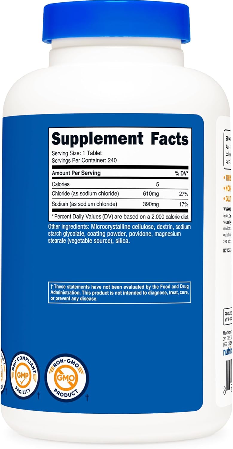 Nutricost Sodium Chloride Tablets - Non-GMO, Gluten Free Salt Tablets, 1000mg, 240 Count