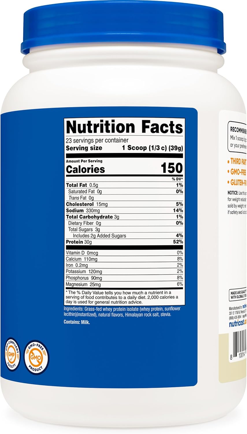 Nutricost Vanilla Grass-Fed Whey Protein Isolate 2LBS - Non-GMO, Gluten Free, Natural Flavors