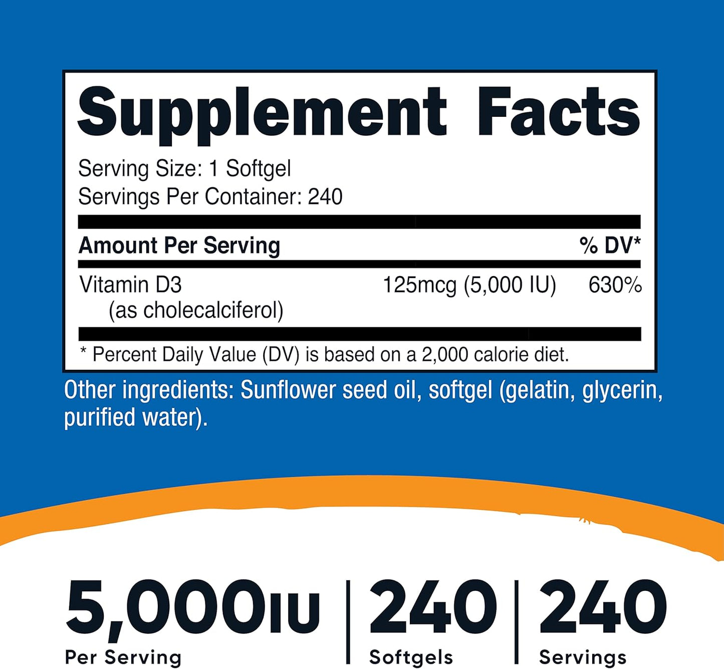 Nutricost Vitamin D3 5,000 IU - 2 Bottles of 240 Soft Gel Caps