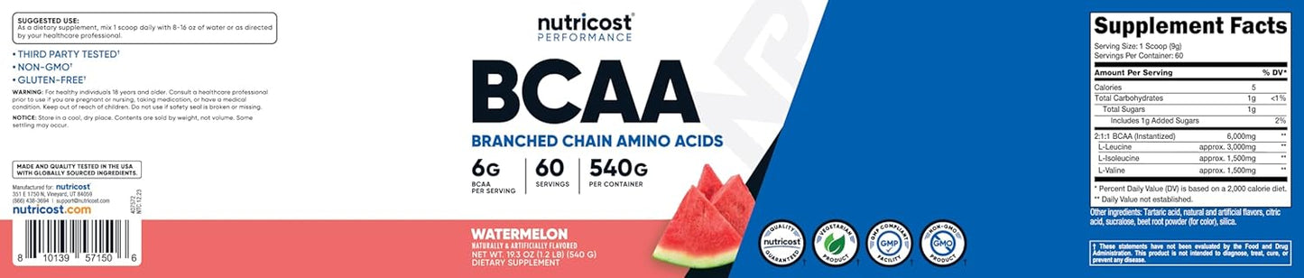 Nutricost Watermelon BCAA Powder 2:1:1 - 60 Servings for Muscle Recovery and Energy Boost