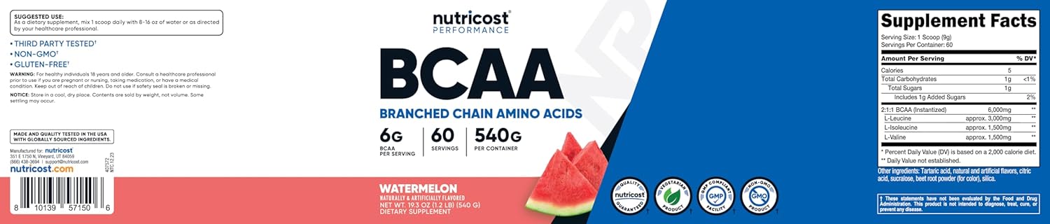 Nutricost Watermelon BCAA Powder 2:1:1 - 60 Servings for Muscle Recovery and Energy Boost