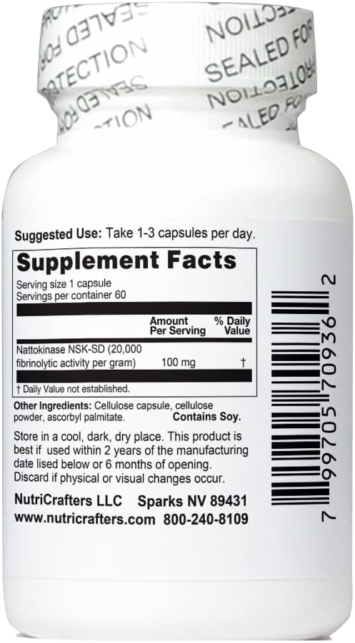 NutriCrafters Nattokinase NSK-SD Supplement 2,000 Units - 60 Capsules - Cardiovascular Support - Made in USA with Japanese NSK-SD Nattokinase - Original and Researched Formula