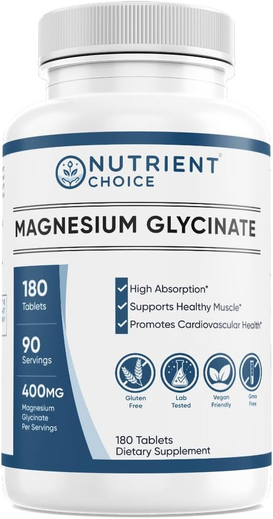 Nutrient Choice Magnesium Glycinate Tablets - 180ct, 400mg, Non-GMO, High Absorption, Gluten-Free, Made in USA - Supports Muscle, Heart, Nerve & Bone Health, Cardiovascular Support - 90 Servings