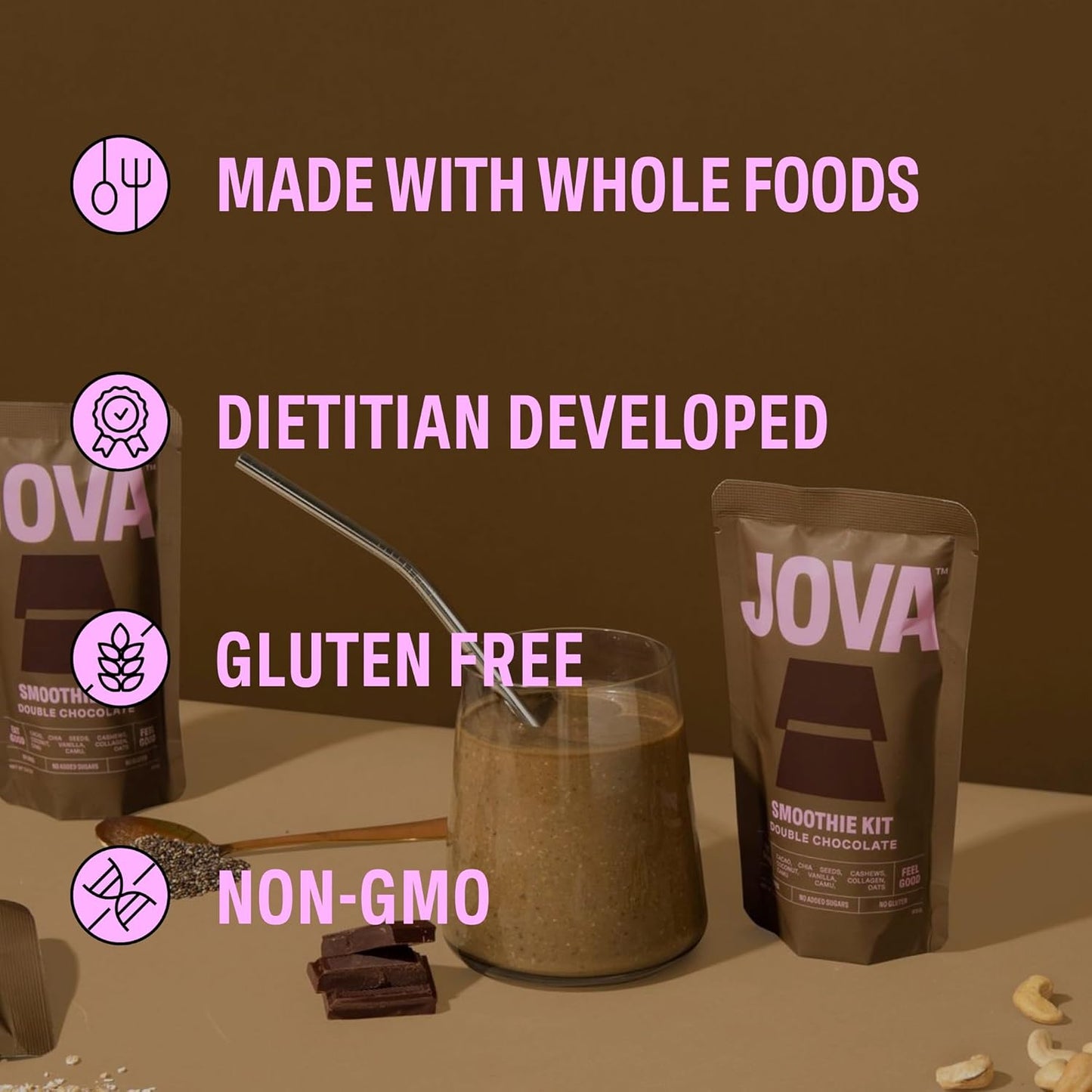 Nutrient-Packed Double Chocolate Collagen & Protein Meal Replacement Shake - 25g Protein, 11g Fiber, 2g Sugar - Pack of 6 Smoothie Kits - Delicious, Creamy, Gluten-Free, Non-GMO, USA Made