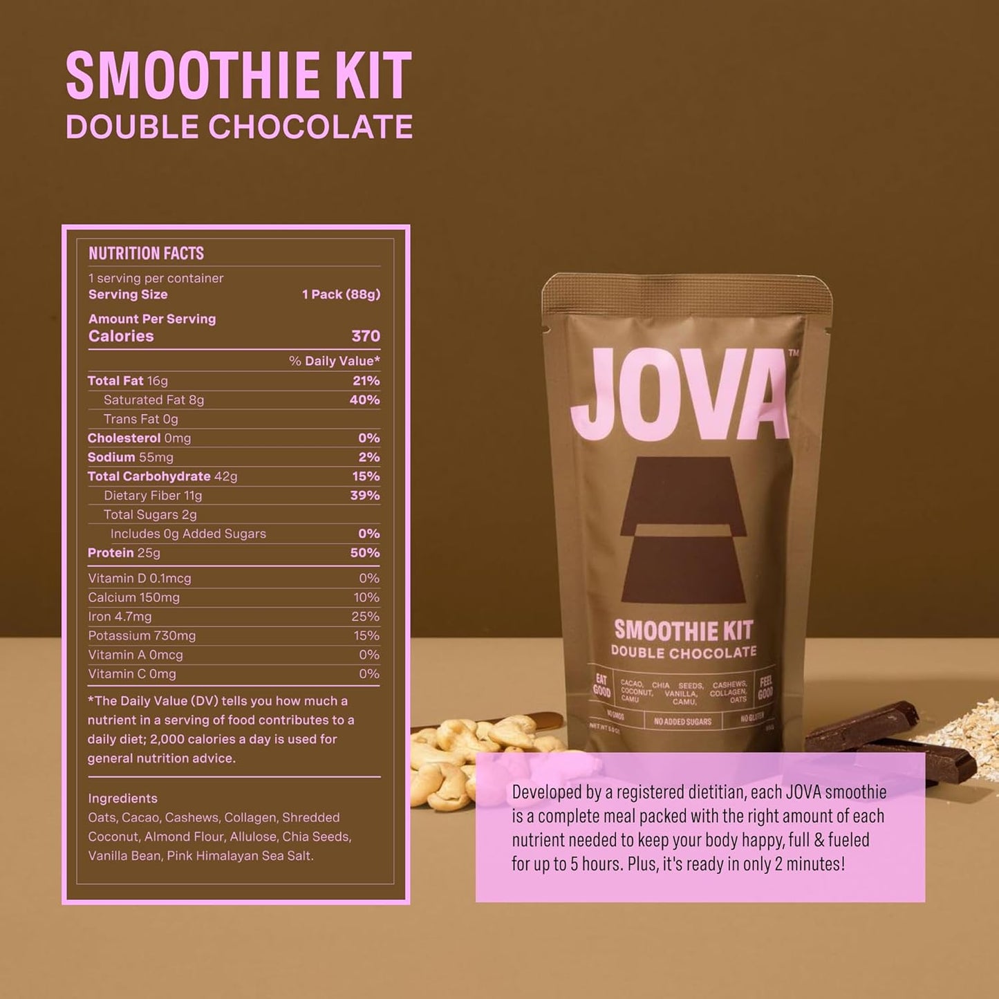 Nutrient-Packed Double Chocolate Collagen & Protein Meal Replacement Shake - 25g Protein, 11g Fiber, 2g Sugar - Pack of 6 Smoothie Kits - Delicious, Creamy, Gluten-Free, Non-GMO, USA Made