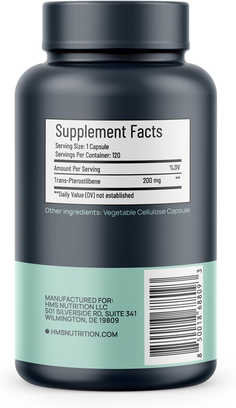 Nutrient-Rich HMS Trans-Pterostilbene Capsules - 200mg, 120 Vegan Capsules - Antioxidant Support - Gluten, Soy & Dairy Free