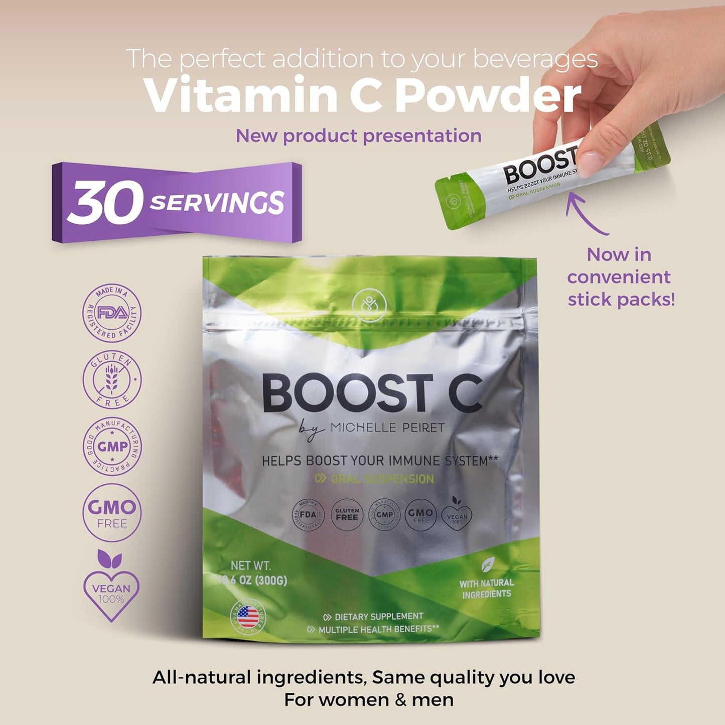Nutrient-Rich Non-GMO Vitamin C Powder for Smoothies & Shakes - 30 Servings