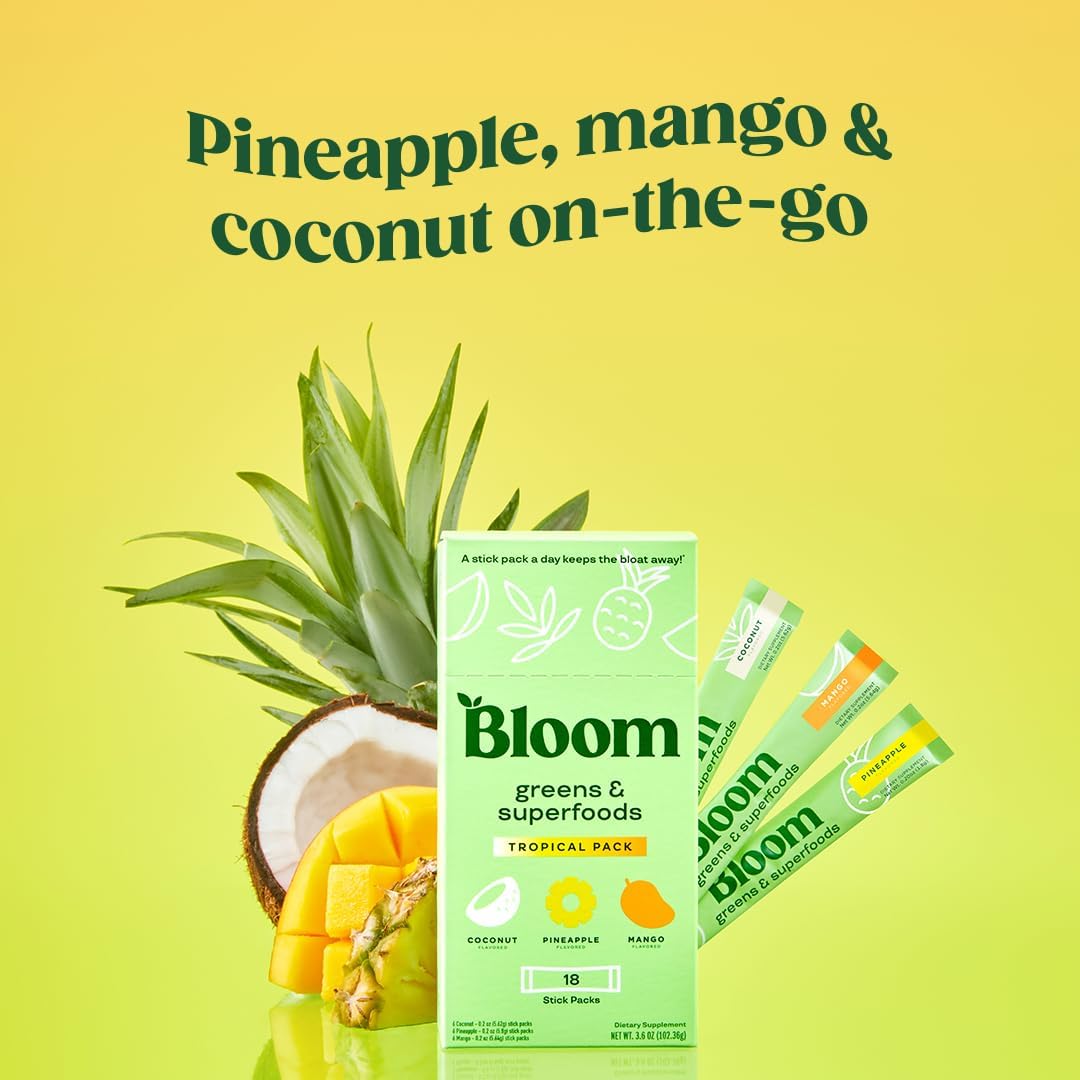 Nutrient-Rich Superfood Greens Powder Stick Packs with Digestive Enzymes, Probiotics, and Prebiotics for Gut Health and Bloating Relief in Women - Tropical Variety, 18 Servings