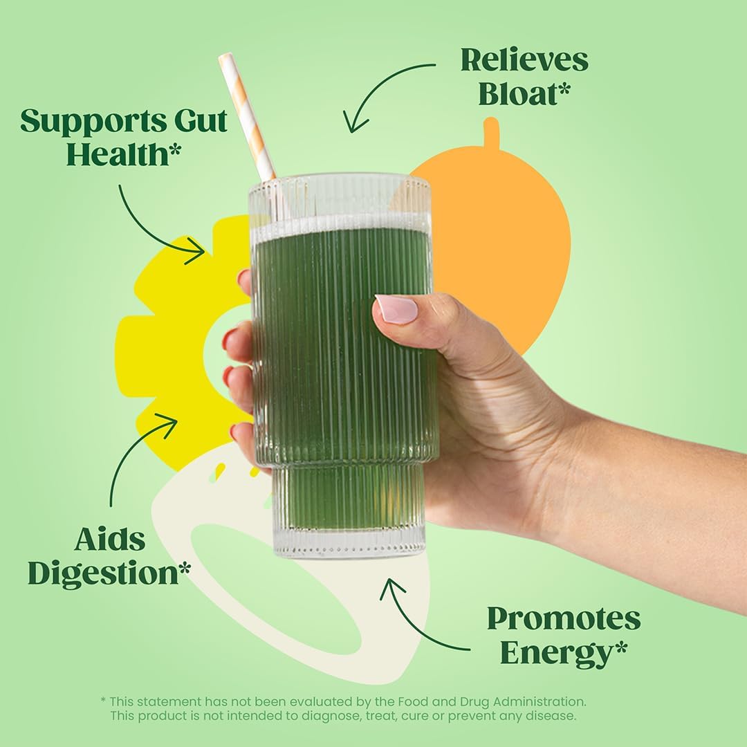 Nutrient-Rich Superfood Greens Powder Stick Packs with Digestive Enzymes, Probiotics, and Prebiotics for Gut Health and Bloating Relief in Women - Tropical Variety, 18 Servings