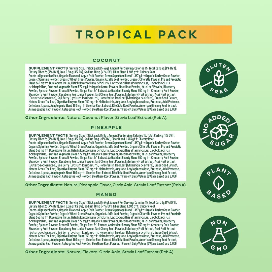 Nutrient-Rich Superfood Greens Powder Stick Packs with Digestive Enzymes, Probiotics, and Prebiotics for Gut Health and Bloating Relief in Women - Tropical Variety, 18 Servings