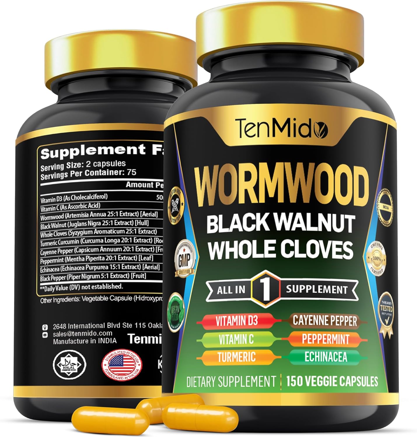 Nutrient-Rich Wormwood Capsules Supplement with 10-in-1 Formula for Digestive and Immune Support - 150 Capsules for Men and Women