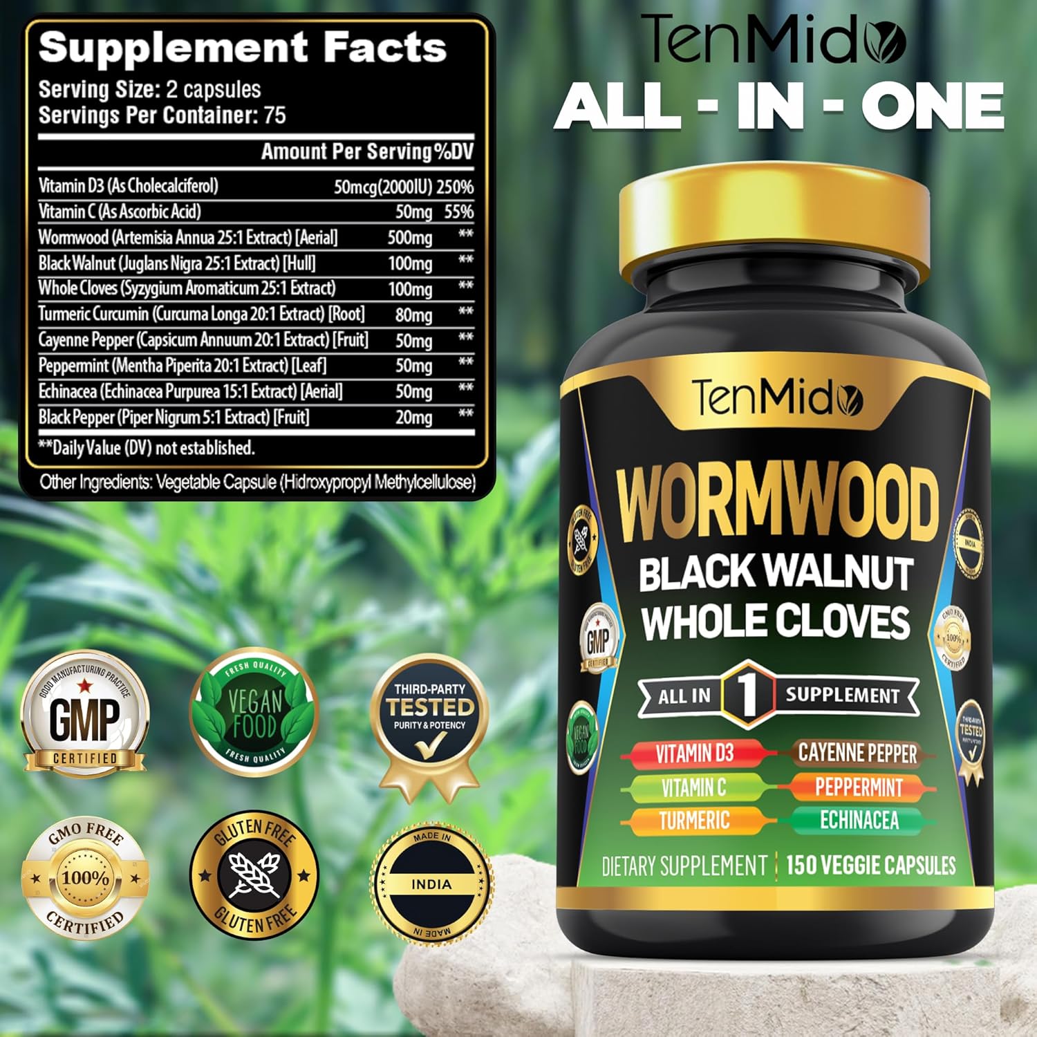 Nutrient-Rich Wormwood Capsules Supplement with 10-in-1 Formula for Digestive and Immune Support - 150 Capsules for Men and Women