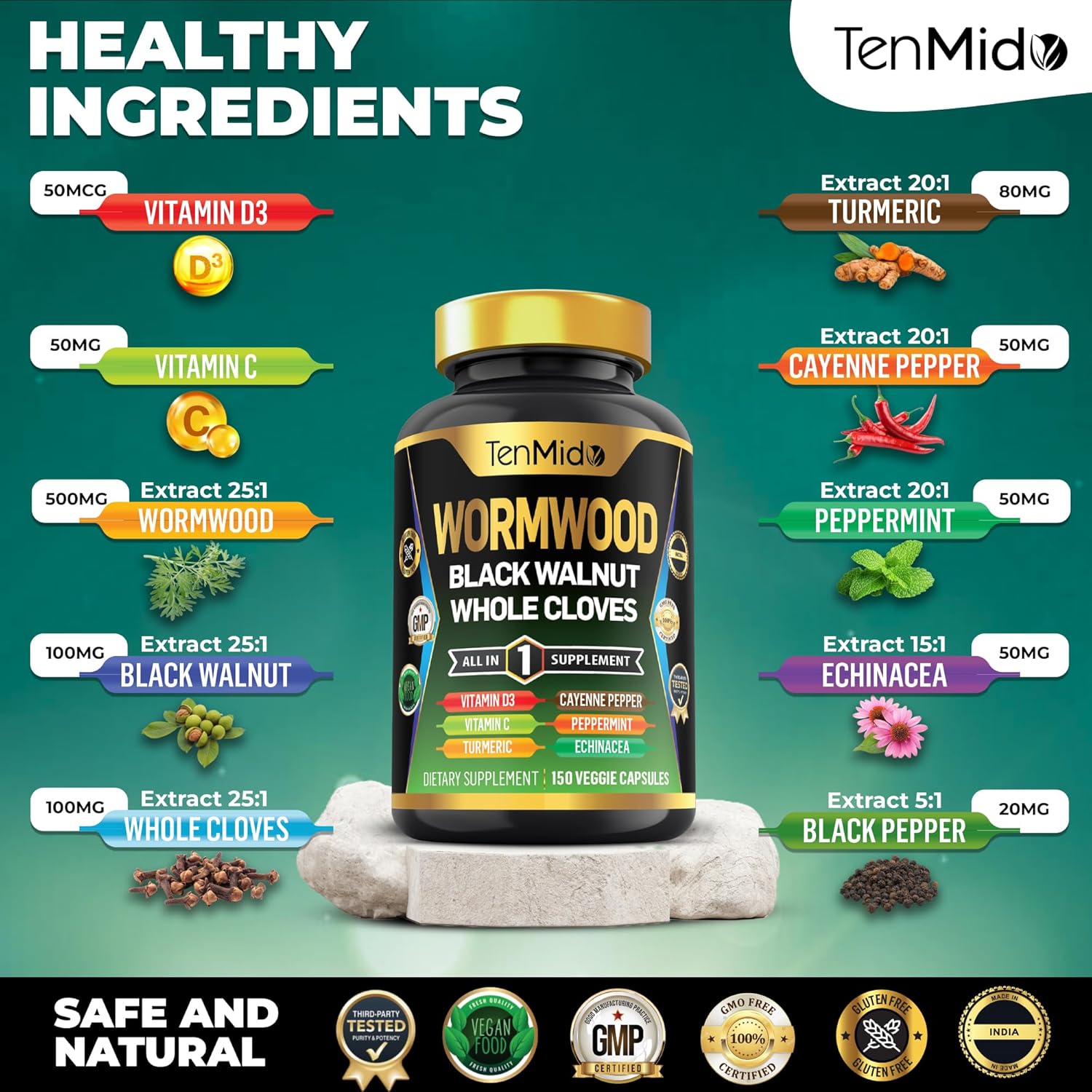 Nutrient-Rich Wormwood Capsules Supplement with 10-in-1 Formula for Digestive and Immune Support - 150 Capsules for Men and Women