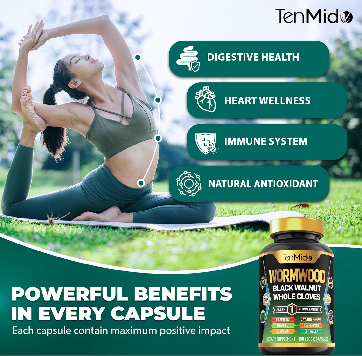 Nutrient-Rich Wormwood Capsules Supplement with 10-in-1 Formula for Digestive and Immune Support - 150 Capsules for Men and Women