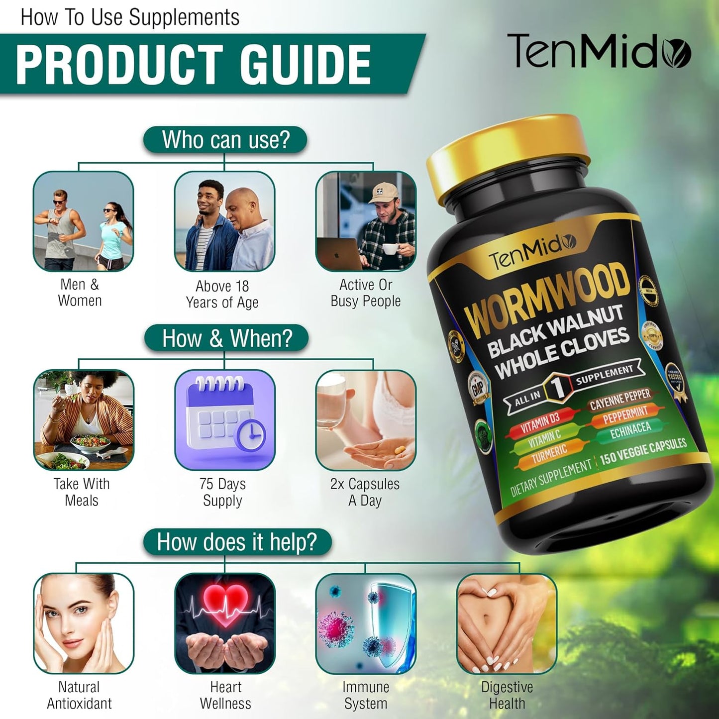 Nutrient-Rich Wormwood Capsules Supplement with 10-in-1 Formula for Digestive and Immune Support - 150 Capsules for Men and Women