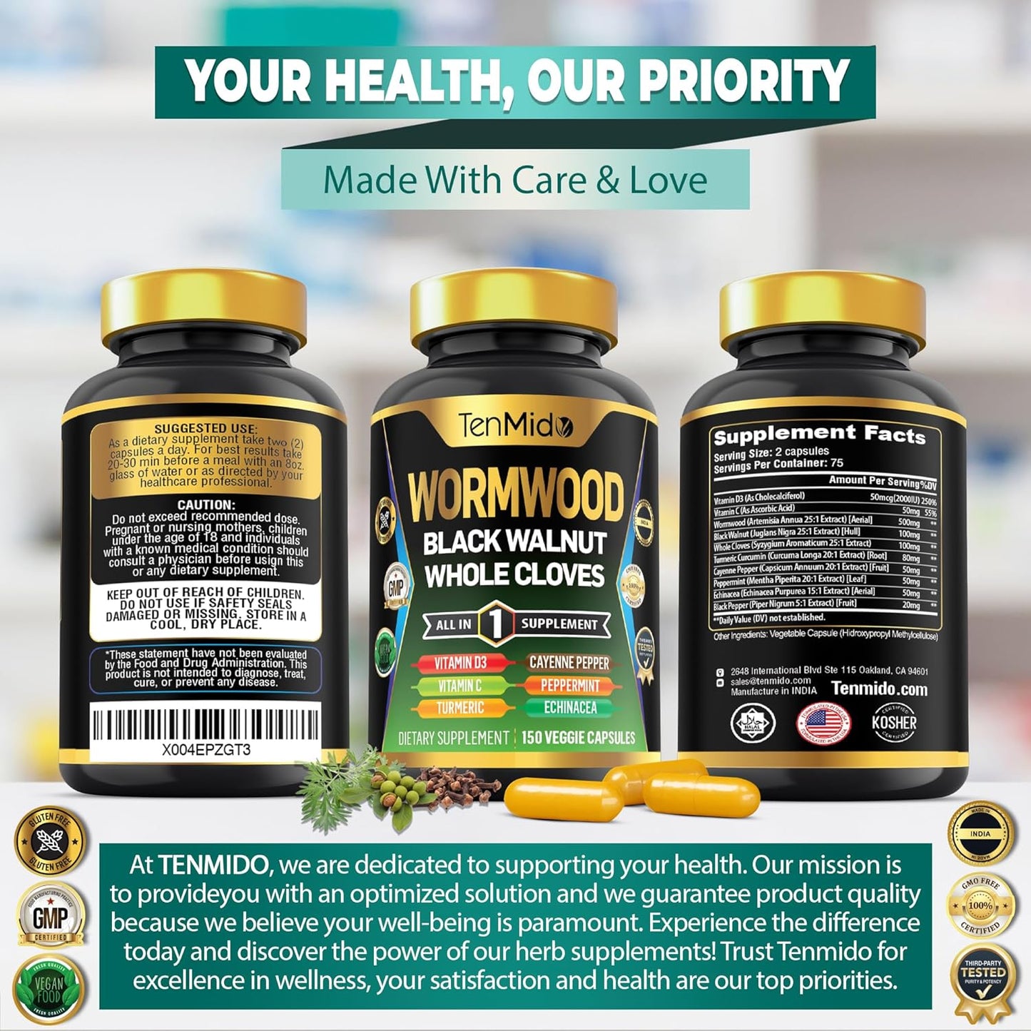 Nutrient-Rich Wormwood Capsules Supplement with 10-in-1 Formula for Digestive and Immune Support - 150 Capsules for Men and Women