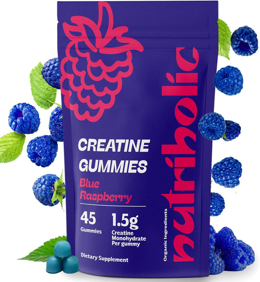 Nutriholic Vegan Creatine Gummies for Men and Women - Gluten-Free, Non-GMO, 1.5g Creatine per Gummy - 45ct Blue Raspberry