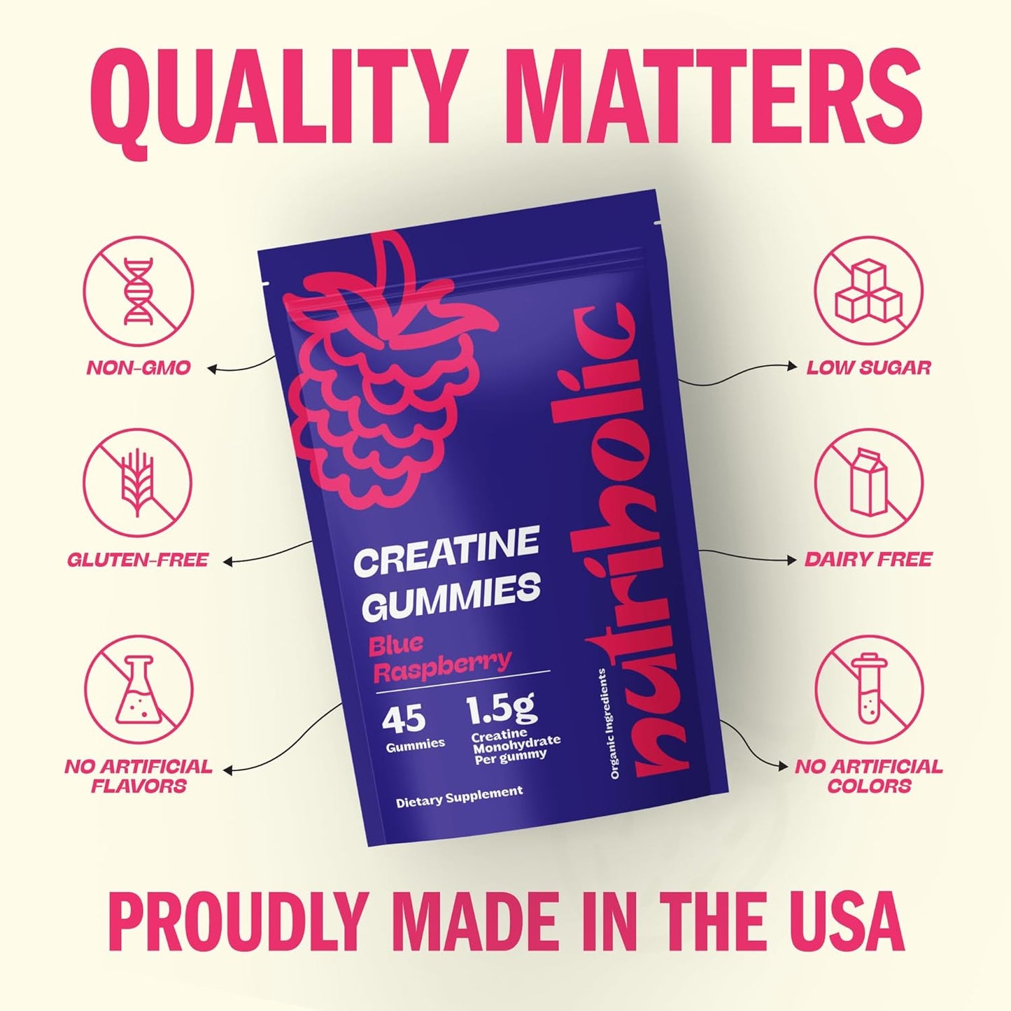 Nutriholic Vegan Creatine Gummies for Men and Women - Gluten-Free, Non-GMO, 1.5g Creatine per Gummy - 45ct Blue Raspberry