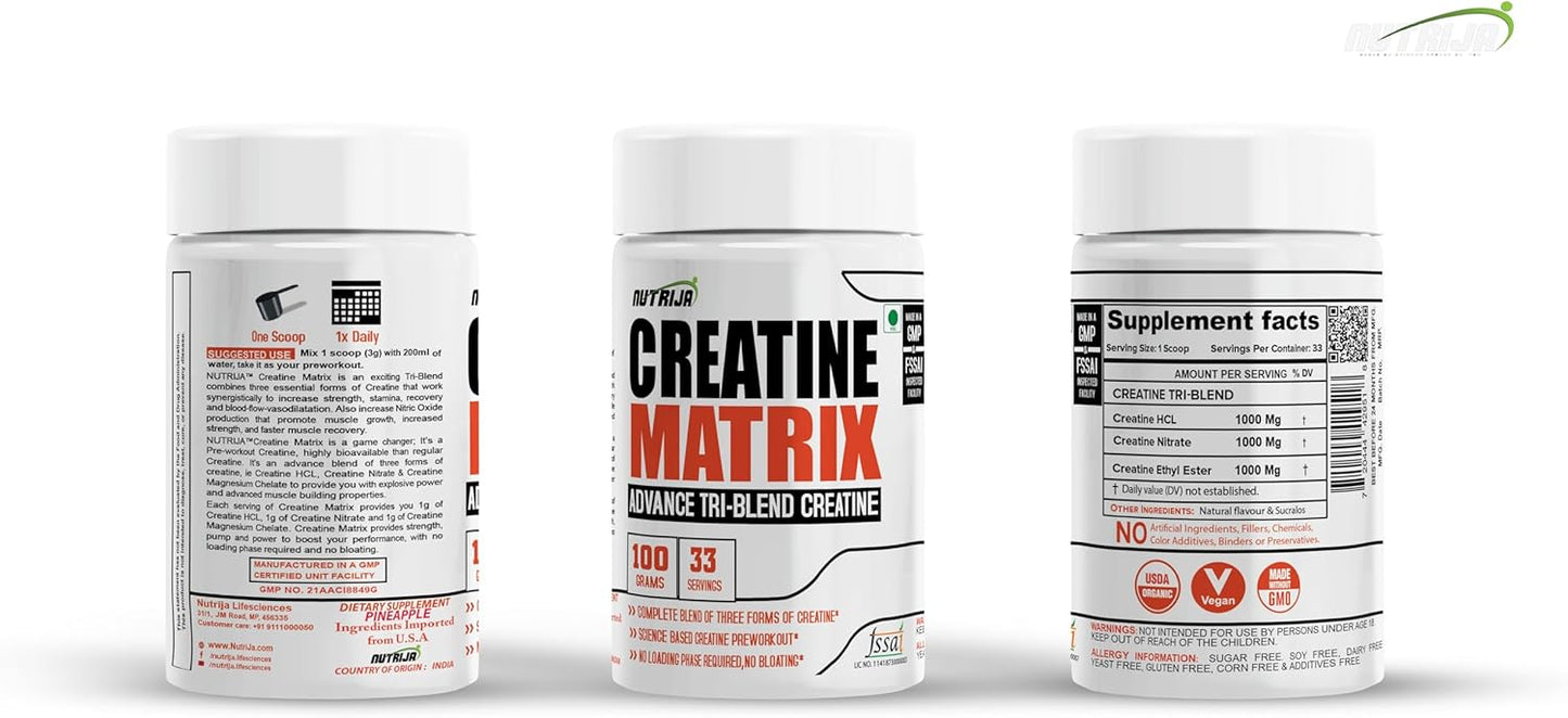 NutriJa CREATINE Matrix™ - 100g Pineapple Flavor - Creatine HCL, Nitrate, & Magnesium Chelate Blend