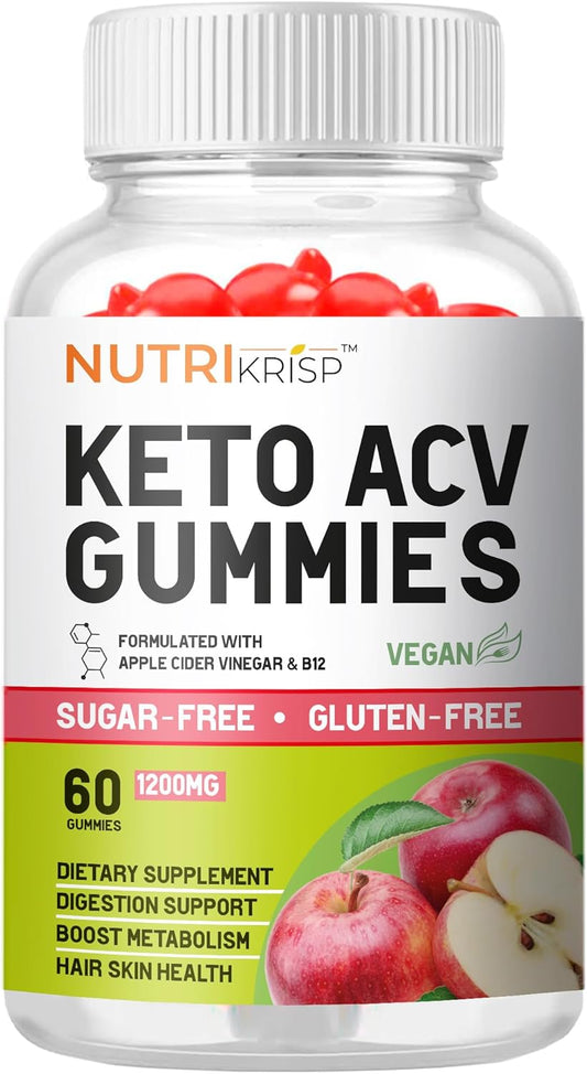 NutriKrisp Keto ACV Gummies - Sugar-Free Apple Cider Vinegar Supplement for Digestion, Hair, and Skin - Gluten-Free for Men and Women (1200MG)