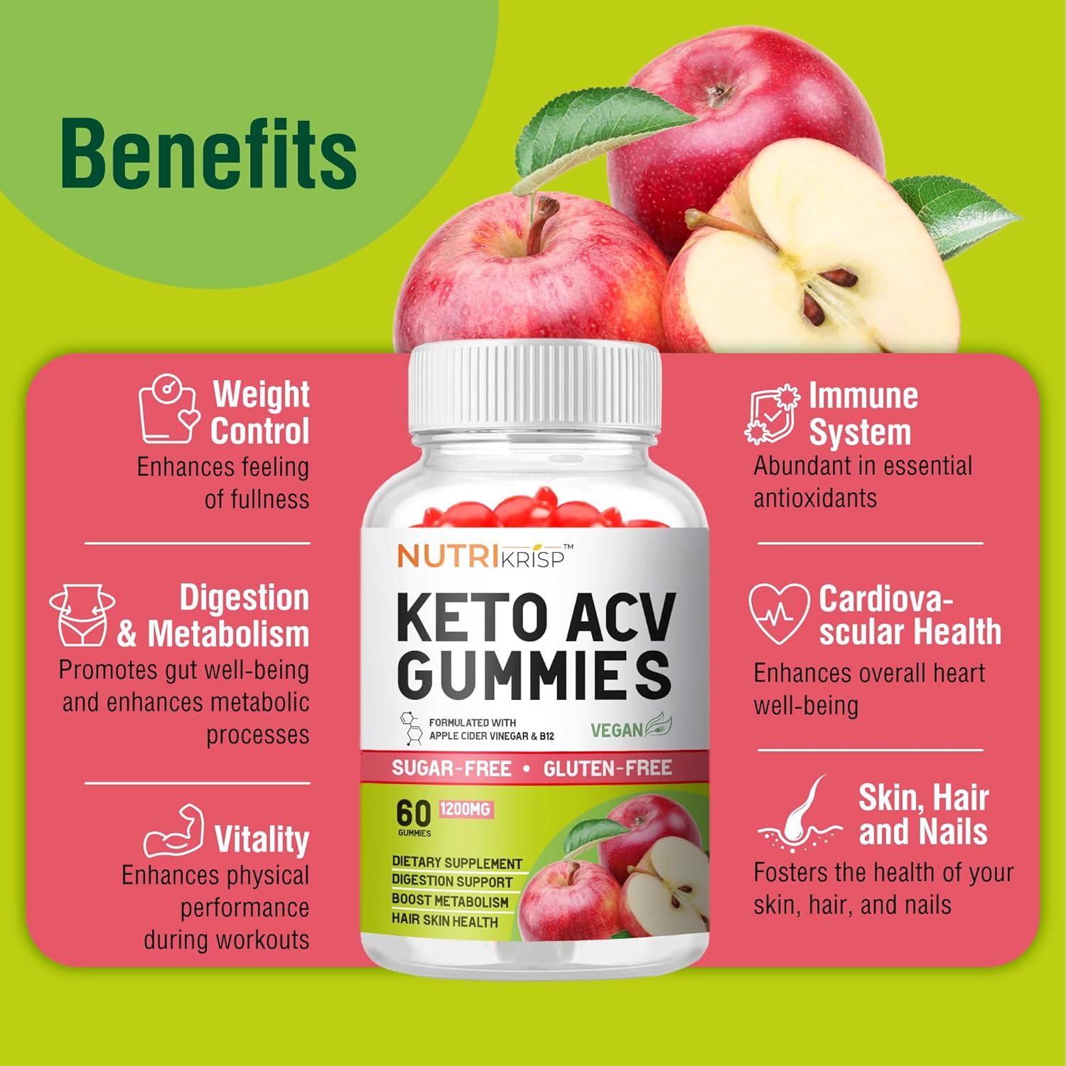 NutriKrisp Keto ACV Gummies - Sugar-Free Apple Cider Vinegar Supplement for Digestion, Hair, and Skin - Gluten-Free for Men and Women (1200MG)