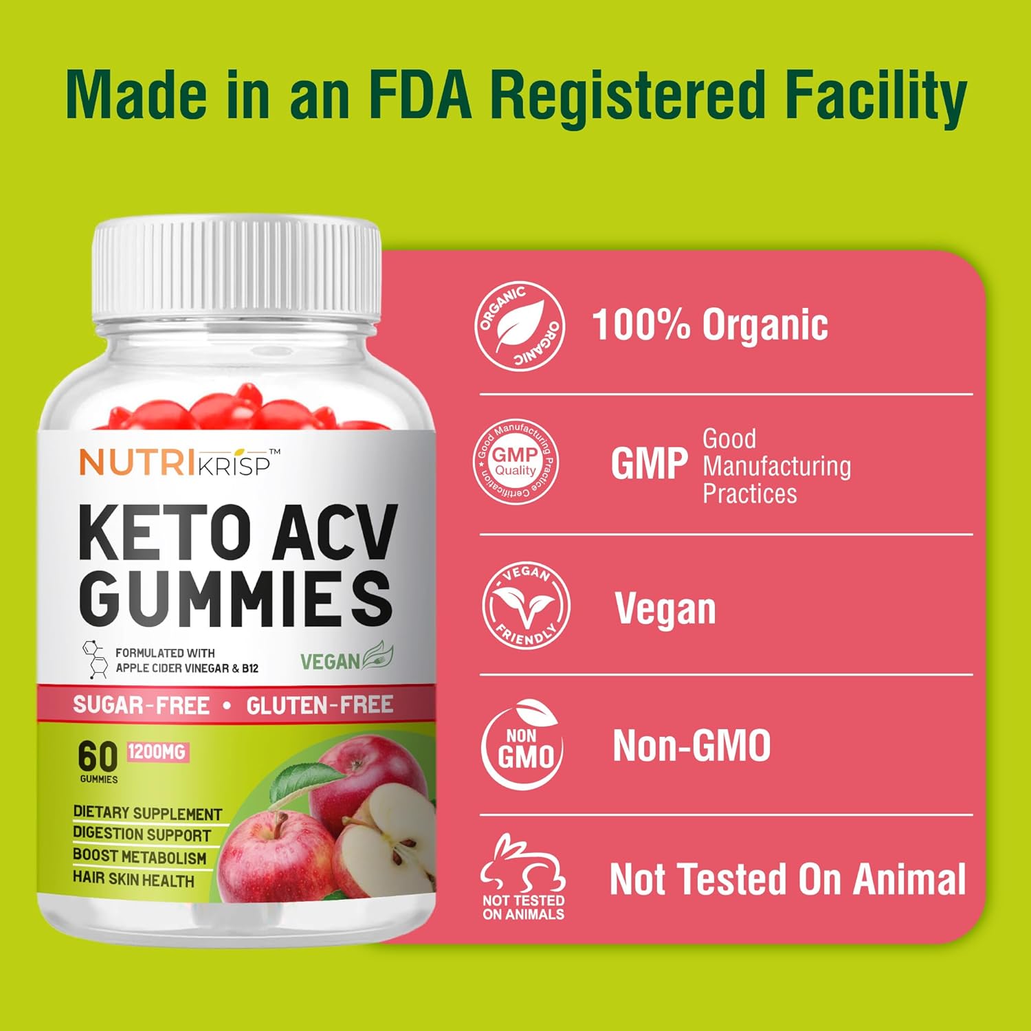 NutriKrisp Keto ACV Gummies - Sugar-Free Apple Cider Vinegar Supplement for Digestion, Hair, and Skin - Gluten-Free for Men and Women (1200MG)